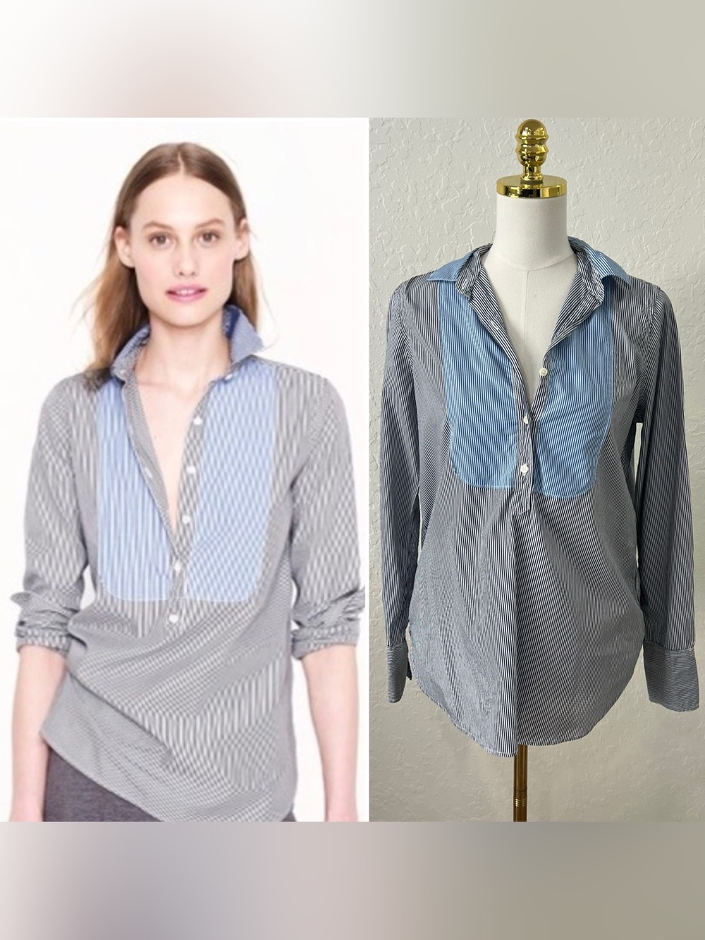 J. Crew Blue and White Striped Button-Front Yoke Shirt